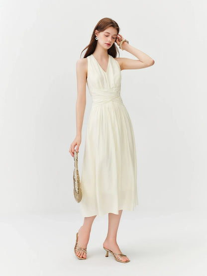 Vacation French Style Halterneck V-neck Waist Sleeveless Dress for Women 2026 Summer New Twist Mid-length Elegant Ins