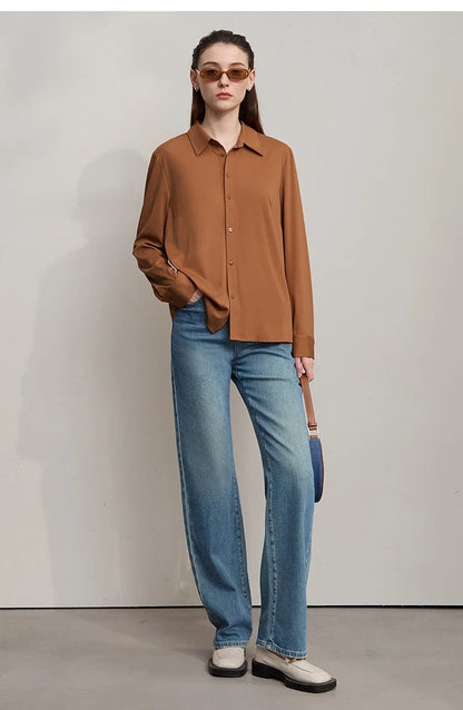 Women's Shirt 2025 Autumn New Minimalist Solid Knitted Ladies Tops Versatile Long Sleeve Straight Women's Blouse 12553101