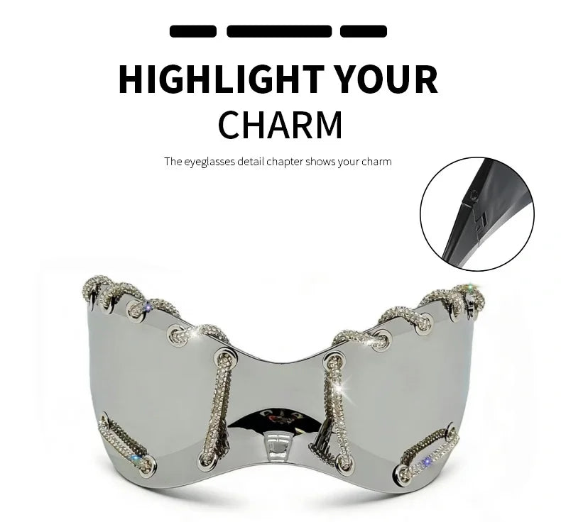 Women's Exaggerated Oversized One-Piece Rhinestone Chain Sunglasses Y2K Retro Futuristic Fashion Silver Goggles Shades for Party