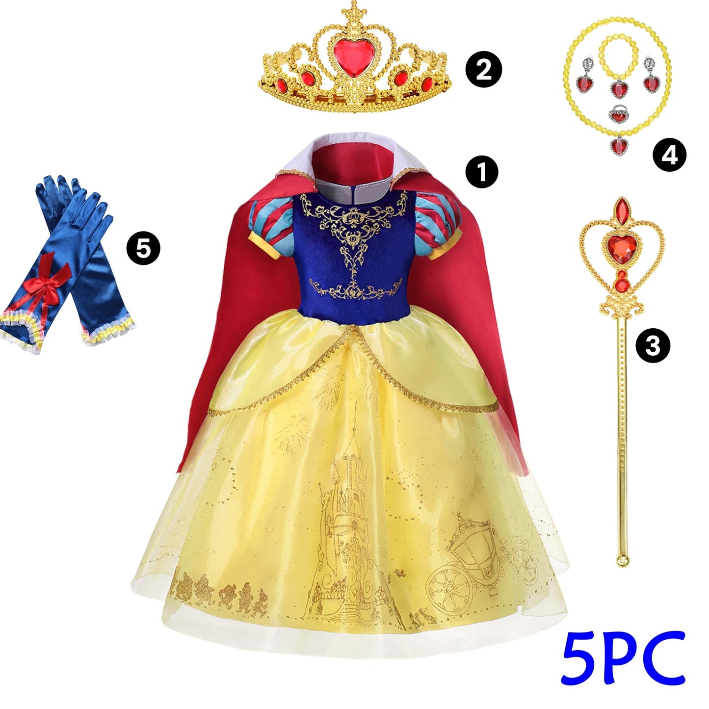 Deluxe Snow White Gown Set with Accessories Princess Costume Fairy Cosplay for Girls Kids Toddler Carnival Party Vestido