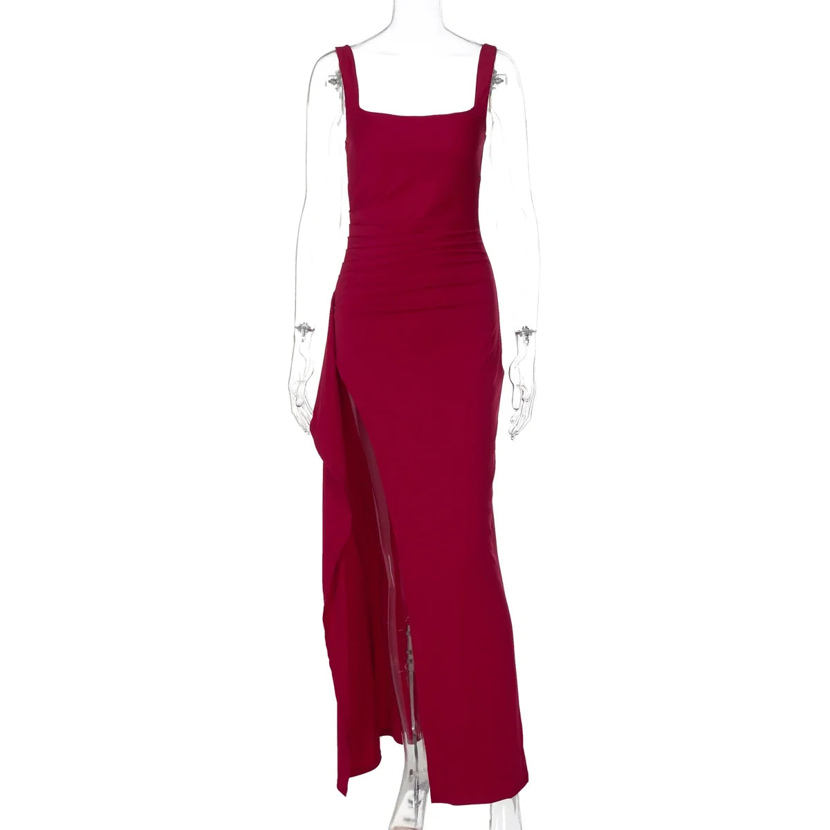 Women Elegant Solid Straps Slit Ruched Patchwork Sexy Bodycon Maxi Dress Summer Outfits Evening Party Birthday Festival