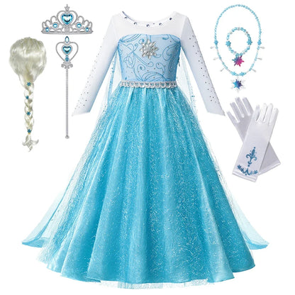 Girls Snow Queen Elsa Anna Long Sleeves Costume Kids Princess Dress Halloween Cosplay Party Prom Gown Vesidos For 2-10 Years