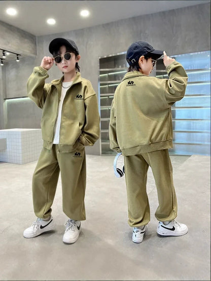 Boys Cotton Turtleneck Full Zip Sweatshirt Jacket+Sweatpant Workout Set School Kids 2PCS Tracksuit Children Jogger Outfit 5-16Yr