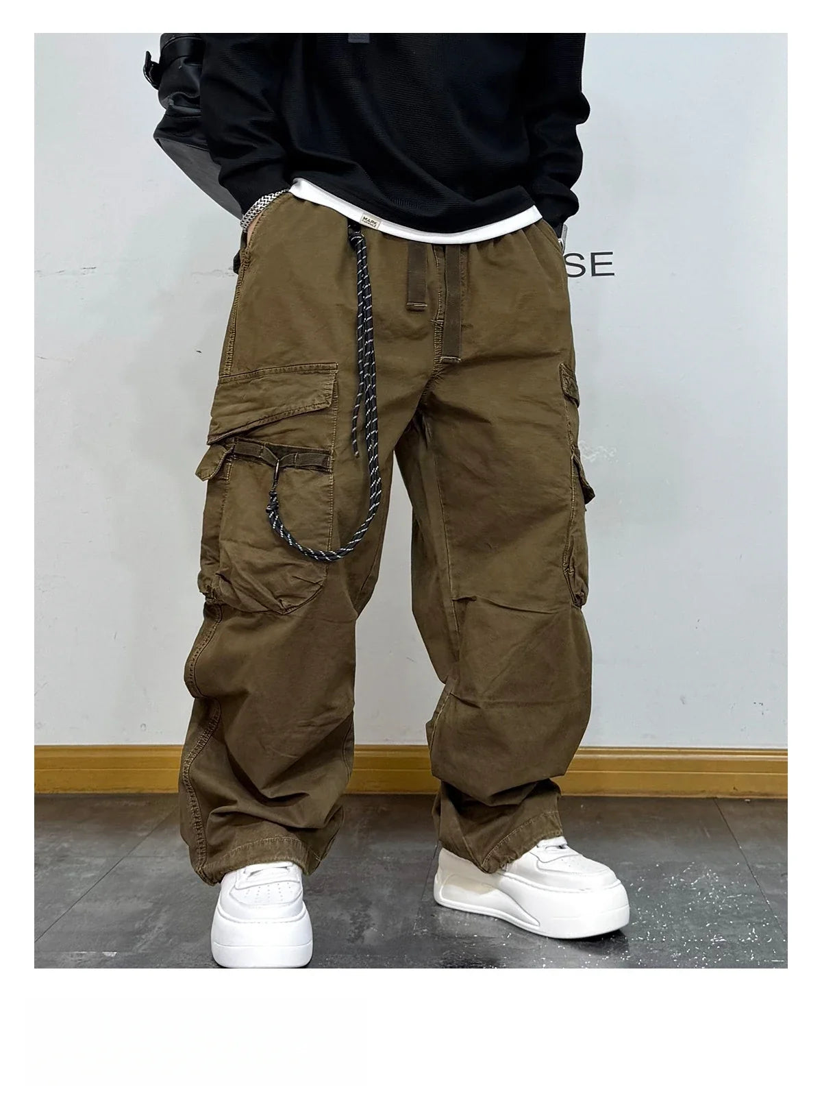 American Premium Cargo Pants Mens Pleated Baggy Multi Pocket Streetwear Oversized Straight Leg Casual Spring Fall Trendy Male