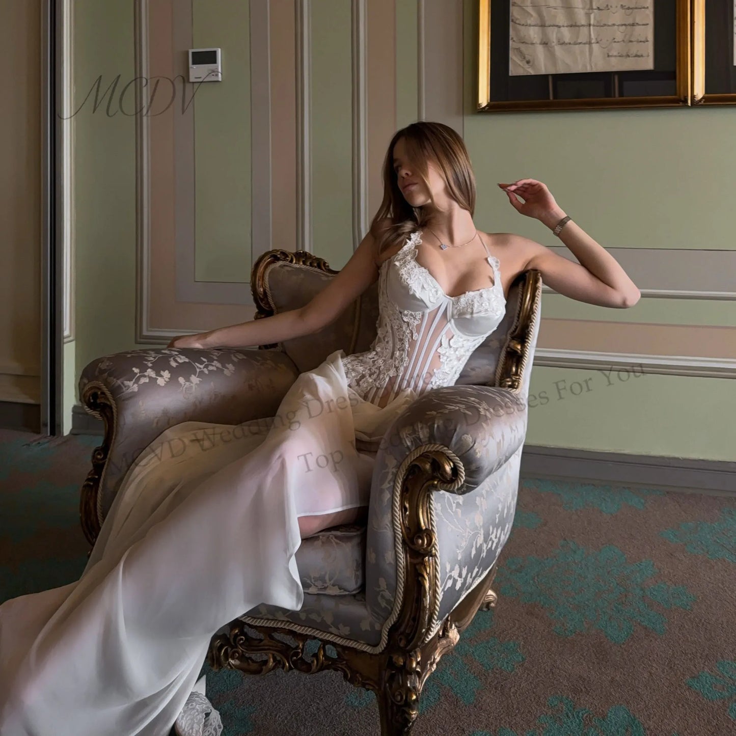White Chiffon Mermaid Bridal Dress Halter Spaghetti Strap Bodice High Side Slit Lace Up Back Civil Engagement Party Wedding Gown