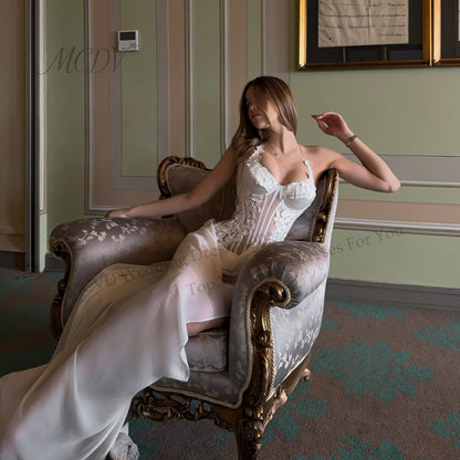 White Chiffon Mermaid Bridal Dress Halter Spaghetti Strap Bodice High Side Slit Lace Up Back Civil Engagement Party Wedding Gown