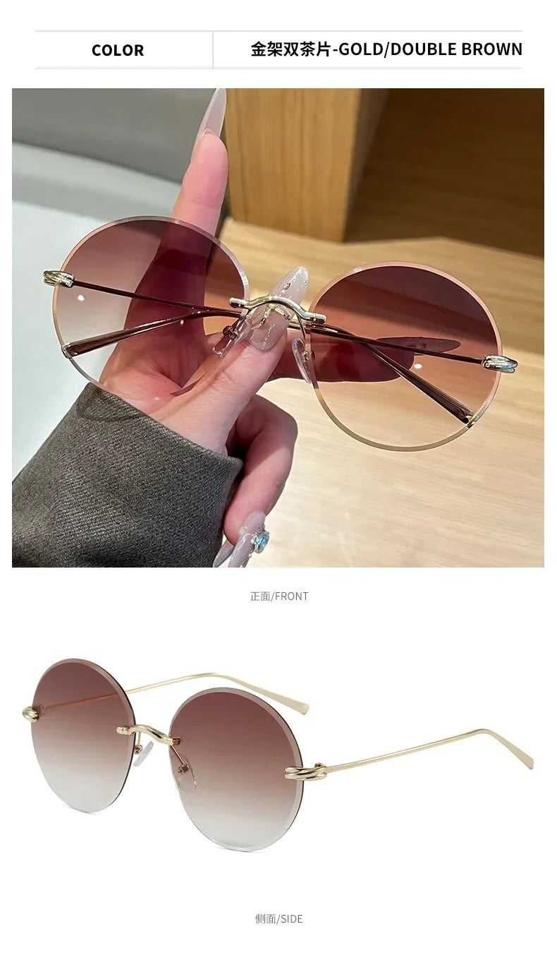 2026 New Fashion rimless circle frame sunglasses for women new alloy oversize gradient knot sun glasses ladies sexy shades uv400
