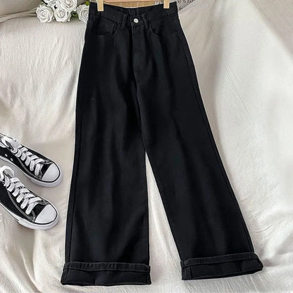 plus Size Women's Straight Leg Jeans High Waist Loose Fit Spring New Sle Slimming Wide Leg Student Long Trousers Trendy