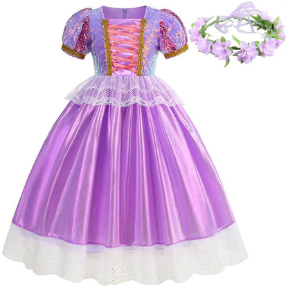 Rapunzel Short Sleeve Purple Puffy Dress + Accessories Girls Cosplay Rapunzel Summer Casual Dress Birthday Party Gift