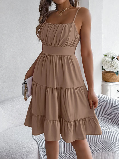Casual Vacation Ruffled Camisole Dress Spring Summer Women's Solid Dresses for 2026 Valentine's Day Woman Clothing Pink Blue