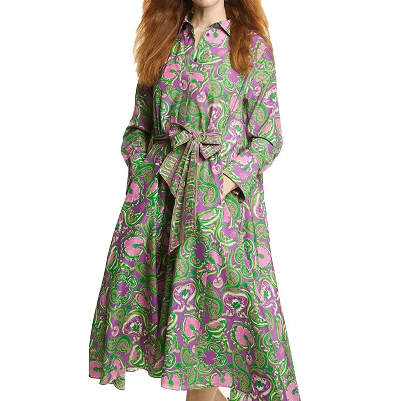 New Summer Women Elegant Dress Femme Retro Commuting Shirt Dress Long Sleeved Lace Up Design Casual Dresses
