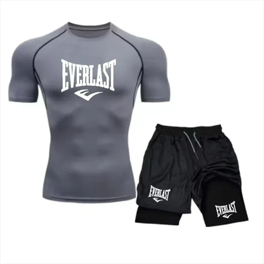 Men's Compress Shirt + 2-in-1 sports shorts 2pcs Set Leisure Breath Short Sleeve Sport Jogging Gym Brand Print Clothing