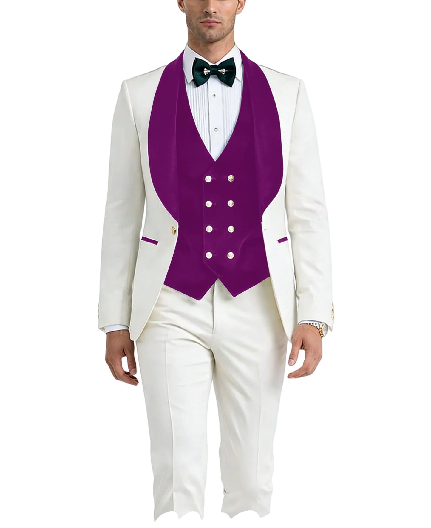Men White Tuxedo Suit 3 Piece Shawl Lapel Slim Fit 1 Button Velvet Collar Patched Blazer Vest Pants Set for Wedding Party Groom