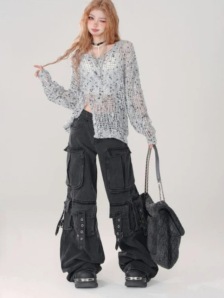 Gothic Punk Women Y2k Japanese Streetwear Design Cargo Pants Denim Pants Long Trouser Vintage Aesthetic Grunge Jeans Baggy New