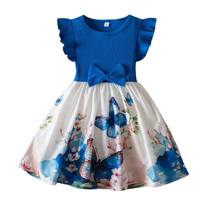Summer New Girl's Butterfly Printed Dress 3-7Y Flying Sleeves Children's Cute Casual Dresses Girls Fashion Clothing