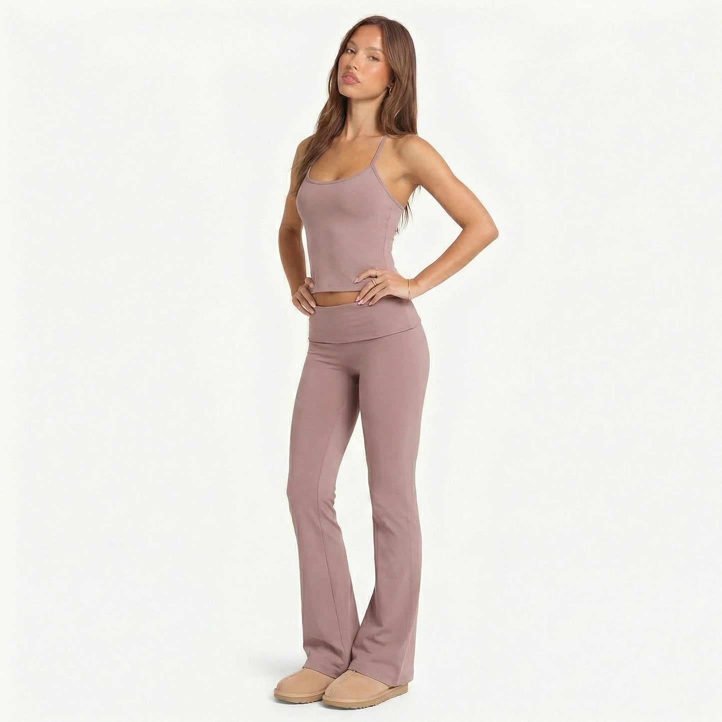 2 Piece Yoga Set Women Foldover Waist Flare Pants Bell Bottoms Tank Top Matching Set Gym Workout Fitness Wear Lounge Wear Suit