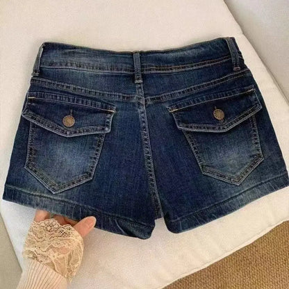Summer Low-Waisted Skinny Denim Shorts for Women with Cargo Pockets Elastic Waist Vintage Y2K Streetwear Sexy Retro Blue Jeans