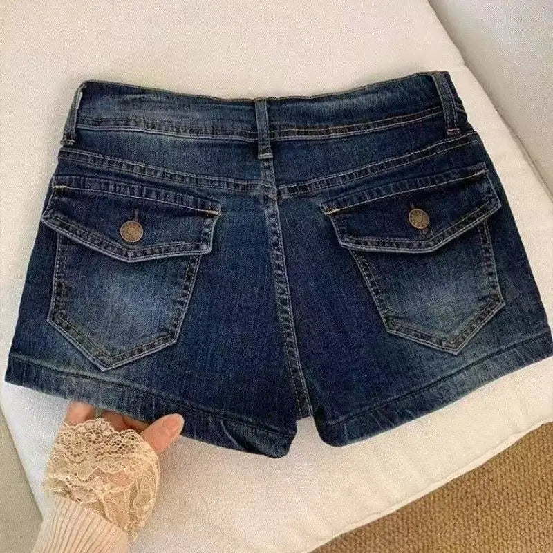 Summer Low-Waisted Skinny Denim Shorts for Women with Cargo Pockets Elastic Waist Vintage Y2K Streetwear Sexy Retro Blue Jeans