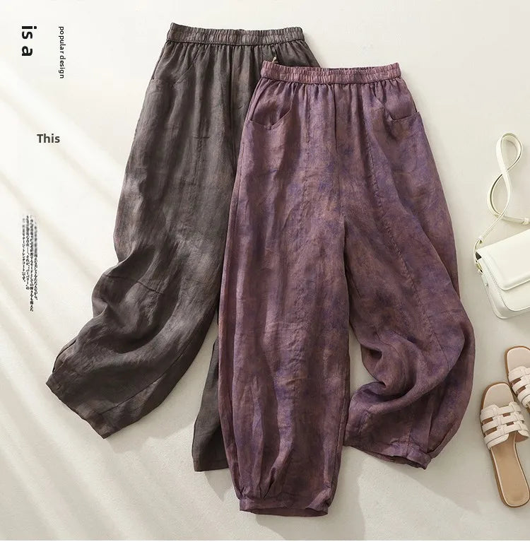 Retro Waterprint Linen Casual Nine-Piece Pants plus Size Women's Loose Elastic Waist Versatile Wide Leg Harlan Pants