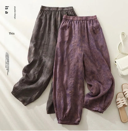 Retro Waterprint Linen Casual Nine-Piece Pants plus Size Women's Loose Elastic Waist Versatile Wide Leg Harlan Pants