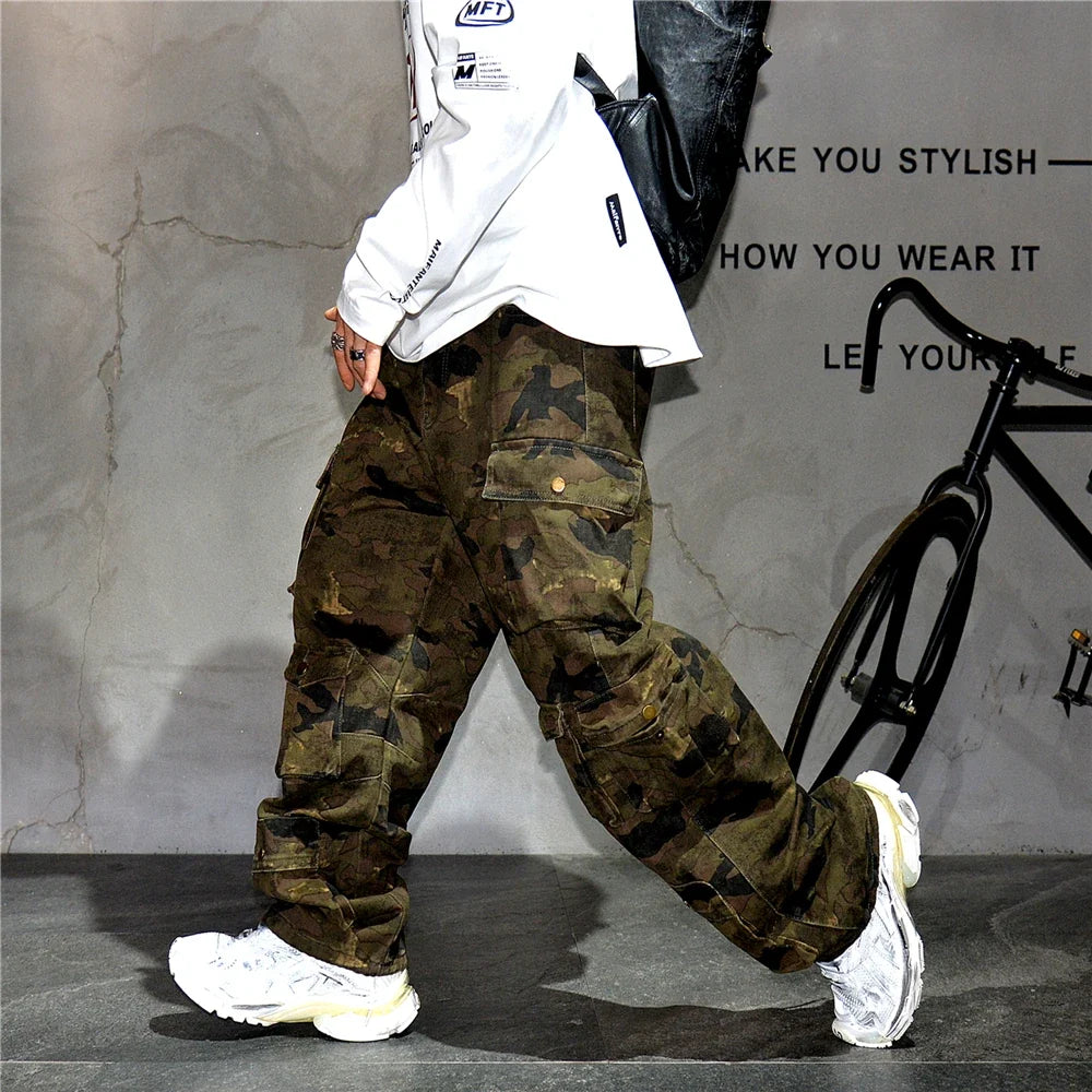 High Quality Vintage Multi-Pocket Camo Cargo Pants Mens Clothing High-End Fabric Tactical Baggy Pants Thick Casual Work Trousers