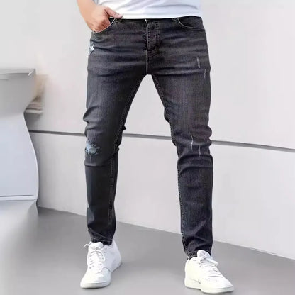 New men's jeans elastic slim fit pants street wear classic ripped cat whiskers casual jeans tight zipper denim clothing black bl