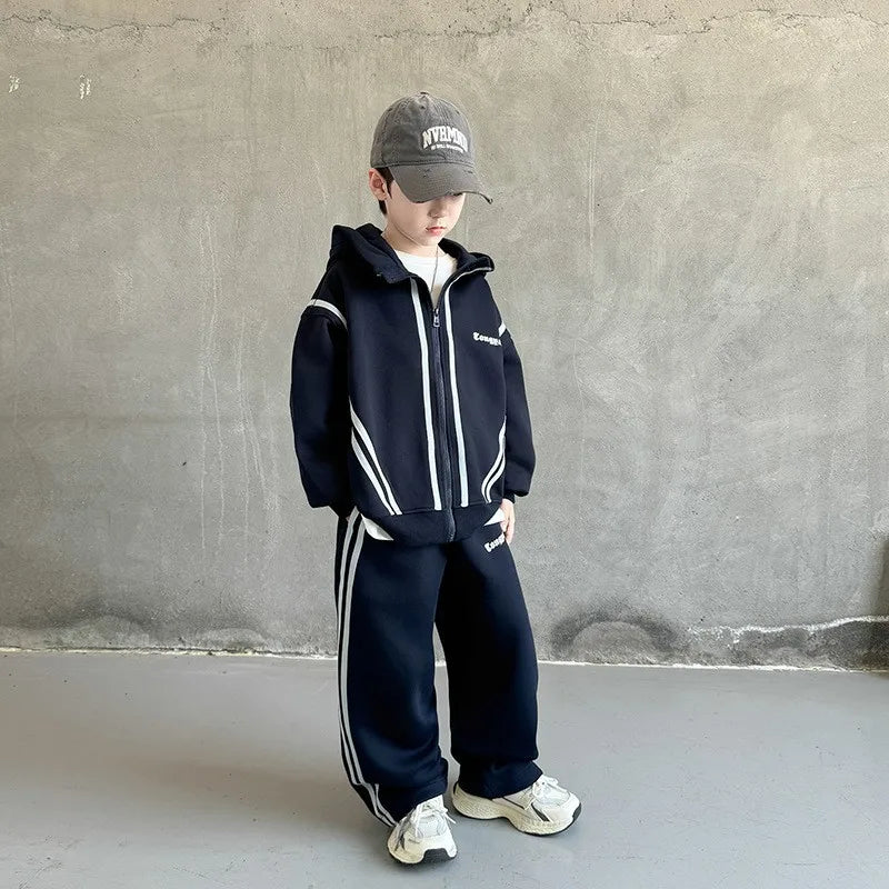SpringAutumn Boys Navy Striped Zip Sweatshirt Jacket+Sweatpant Work Set School Kids 2PCS Tracksuit Children Jogger Outfit 5-16Yr