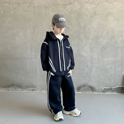 SpringAutumn Boys Navy Striped Zip Sweatshirt Jacket+Sweatpant Work Set School Kids 2PCS Tracksuit Children Jogger Outfit 5-16Yr