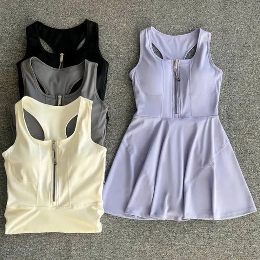 Tennis Skirt Casual Half Zipper Sports Fitness Dress Anti-Running High Waist Slim Golf Yoga Dress