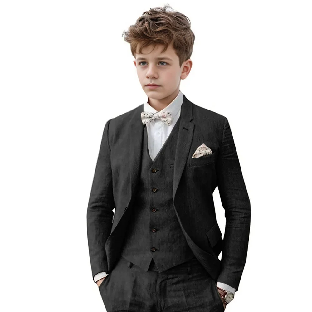 Breathable Linen Boys Suit Set 3 Pieces For Wedding Party,Notched Lapel Kids Suits Piano Performance Outfit Toddler 3-16Y
