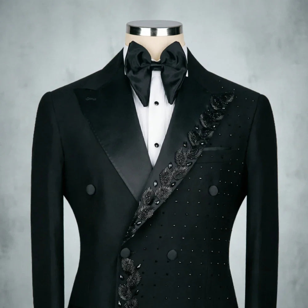 Beaded Men Suits Textured Black Embroidery Double Breasted Formal Slim Fit Groom Tuxedo Wedding Prom Dinner Party Blazer Pants