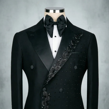 Beaded Men Suits Textured Black Embroidery Double Breasted Formal Slim Fit Groom Tuxedo Wedding Prom Dinner Party Blazer Pants