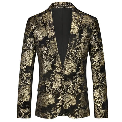 New Men Luxury Velvet Suit Foil Stamped Printed Jacket , Fashion Male Business Social Wedding Prom Party Dress Slim Fit Blazers