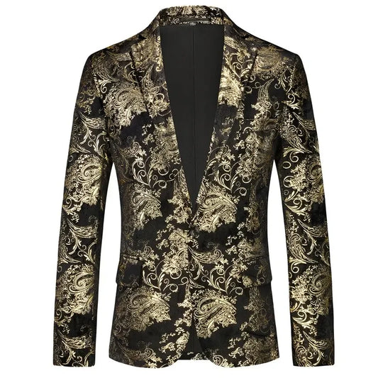 New Men Luxury Velvet Suit Foil Stamped Printed Jacket , Fashion Male Business Social Wedding Prom Party Dress Slim Fit Blazers