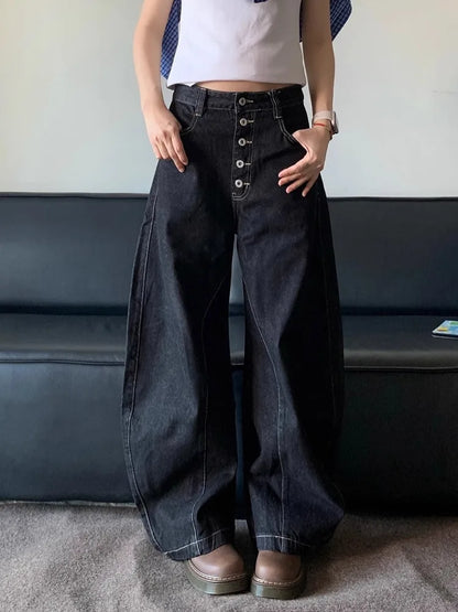 American Retro High Street Button Design Bootcu Bla Knife  Wide Leg Loose Long Jeans for Men And Women Trendy