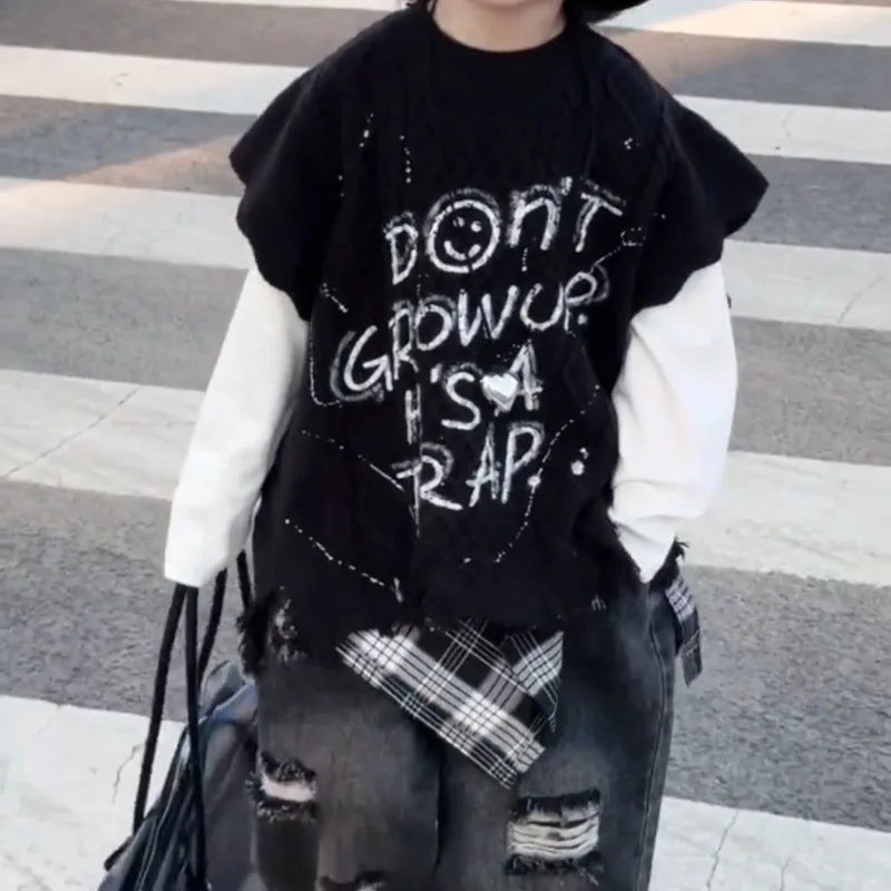 2026 Spring Fall Outfits Baby Kid Boys Knitted Letter Graffiti Vest+ Long Sleeved T-shirt +Grid Fart Curtain Hole Pants 3pcs Set