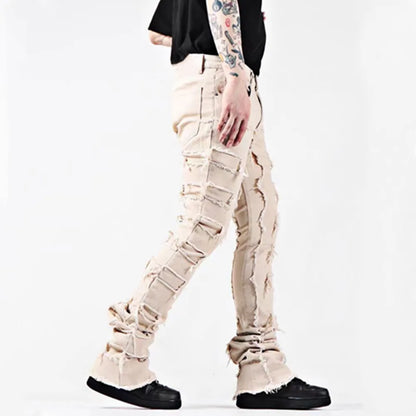 New European and American Heavyweight Streetwise Stretch Patch Jeans for Men, High Street Straight Fit Long Jeans16-3001