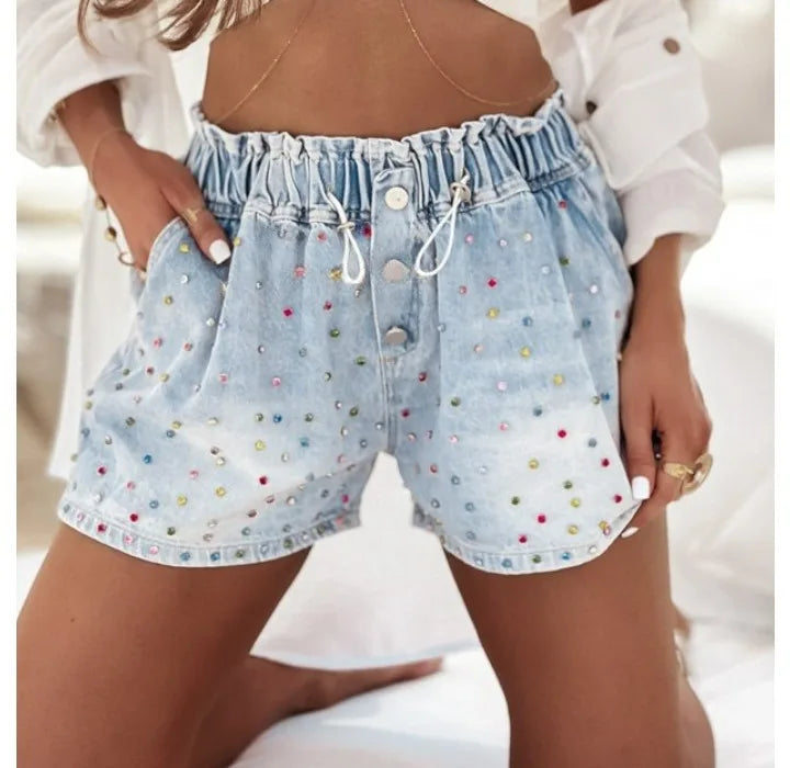 Denim Shorts for Women Streetwear Fashionable and Casual Rhinestone Versatile Y2k Cowboy Half Pants for Female Summer 2024 New