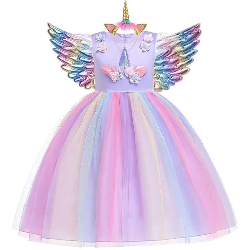 Kids Unicorn Dress for Girls Party Dresses Flower Appliques Ball Gown Little Girl Princess Costumes Summer Children Clothing