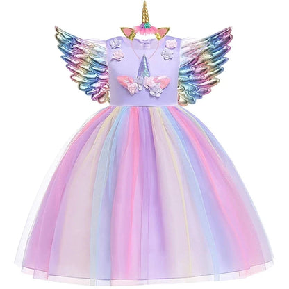 Kids Unicorn Dress for Girls Party Dresses Flower Appliques Ball Gown Little Girl Princess Costumes Summer Children Clothing