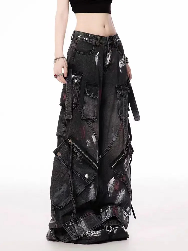 Y2K Harajuku Gothic Multi-Pocket Washed Black Jeans Men And Women American 2000s Heavy Industry Oversize Hip Hop Wide Leg Pants
