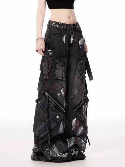 Y2K Harajuku Gothic Multi-Pocket Washed Black Jeans Men And Women American 2000s Heavy Industry Oversize Hip Hop Wide Leg Pants