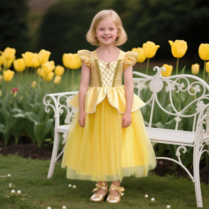 Beauty Beast Halloween Girl Princess Belle Costume Christmas Festive Evening Party Fancy Fairy Yellow Shoulderless Long Dresses