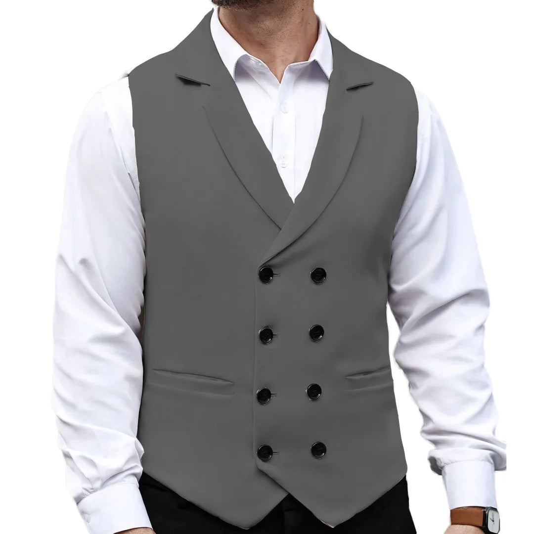 Men Vest Beige With Lapel Solid Double Button Waistcoat For Wedding Birthday Banquet Business Casual Daily Men Suit Vest