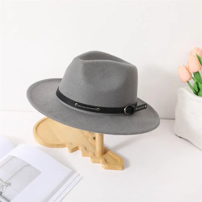 With Belt Buckle Felt Fedora Hats Fashion Vintage Wide Brim Panama Cap Soft Elegant Cowboy Cap Men Women