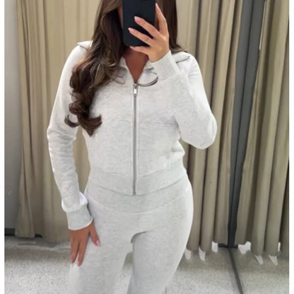 Flare Pants Sets for Women 2 Pieces Fleece High Waist Woman Trousers Sets Zipper Cropped Women's Jacket Streetwear Outfits