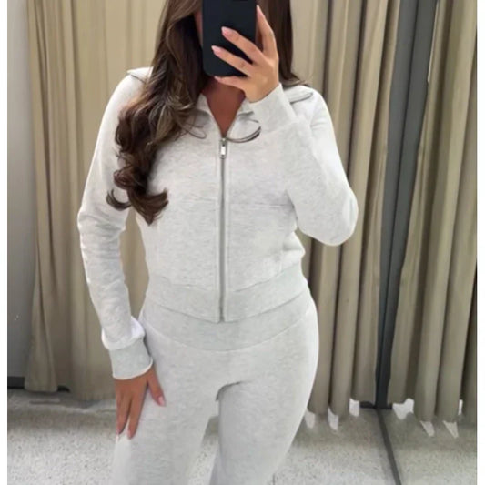 Flare Pants Sets for Women 2 Pieces Fleece High Waist Woman Trousers Sets Zipper Cropped Women's Jacket Streetwear Outfits