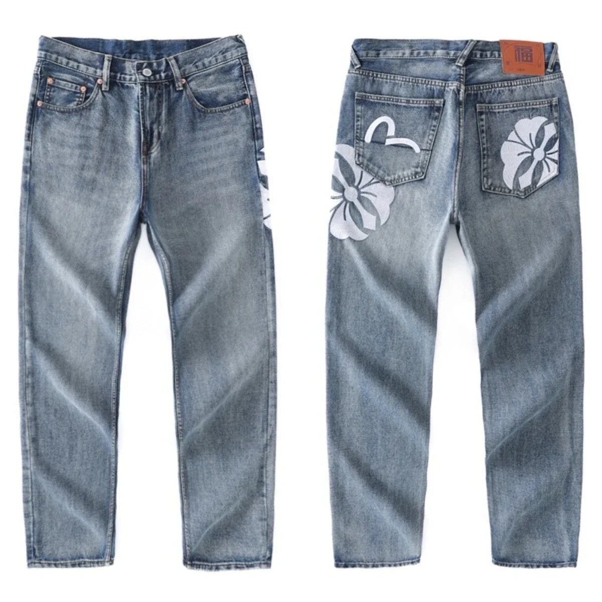 Japanese Handmade Embroidered Jeans Men's Pure Cotton Straight Tube Hip-Hop Popular Slim Red Ears Show Thin Trousers Devil Big M