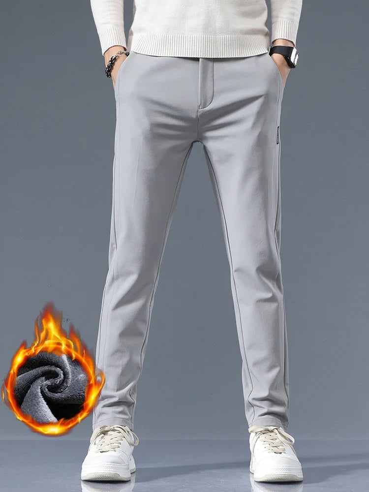 Winter Fleece Golf Casual Pants Men Business Slim Stretch Jogger Thick Trousers Korean Classic Elastic Waist Velvet Male Pants