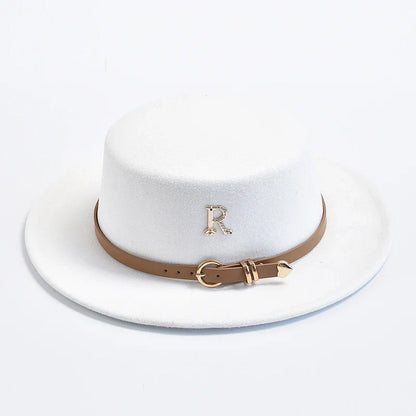 New Metal R Letter Fedora Hat for Women Fashionable Winter Flat Top Wedding Church Bowler Cap Females Elegant Holidays Hat